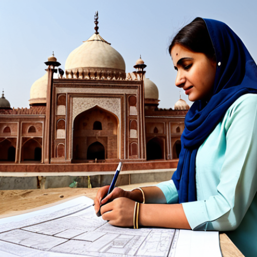 **

A professional female architect, fully clothed in a modest shalwar kameez with intricate embroidery, reviewing blueprints on a construction site in Lahore. The background features the Badshahi Mosque in soft focus.  Perfect anatomy, correct proportions, natural pose, well-formed hands, proper finger count, natural body proportions, safe for work, appropriate content, professional, modest, family-friendly. High resolution, detailed, realistic lighting.

**