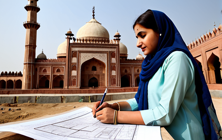 **

A professional female architect, fully clothed in a modest shalwar kameez with intricate embroidery, reviewing blueprints on a construction site in Lahore. The background features the Badshahi Mosque in soft focus.  Perfect anatomy, correct proportions, natural pose, well-formed hands, proper finger count, natural body proportions, safe for work, appropriate content, professional, modest, family-friendly. High resolution, detailed, realistic lighting.

**