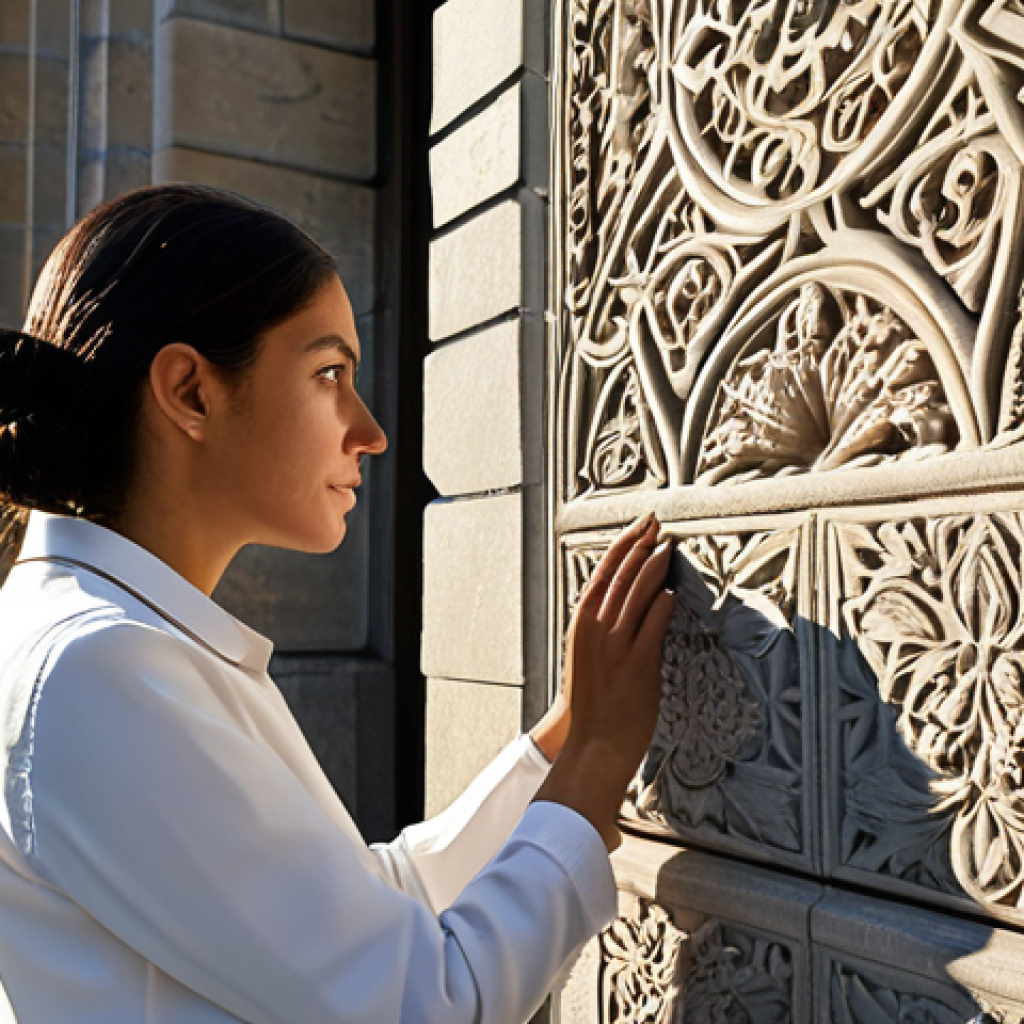 ** A professional female architect, fully clothed in modest attire, carefully examining a historic stone building facade. Sunlight highlights the intricate carvings.  Safe for work, appropriate content, perfect anatomy, natural proportions, professional.

**