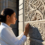 ** A professional female architect, fully clothed in modest attire, carefully examining a historic stone building facade. Sunlight highlights the intricate carvings.  Safe for work, appropriate content, perfect anatomy, natural proportions, professional.

**