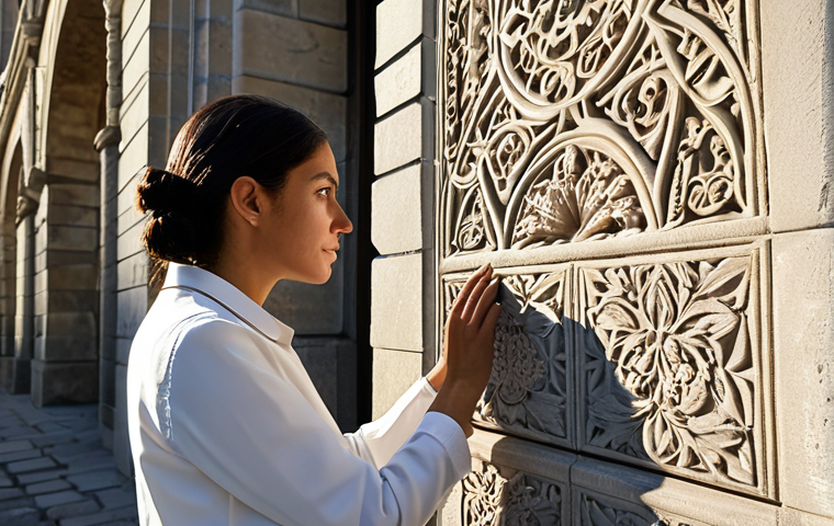 ** A professional female architect, fully clothed in modest attire, carefully examining a historic stone building facade. Sunlight highlights the intricate carvings.  Safe for work, appropriate content, perfect anatomy, natural proportions, professional.

**