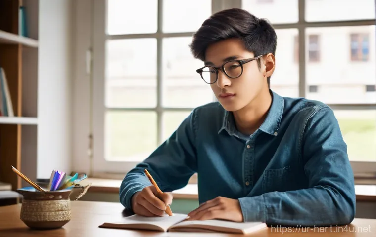 문화재수리 실기 시험 팁과 주의사항 - **Prompt 1: Focused Student's Study Session**
    "A candid, realistic shot of a young adult, appear...