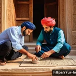 Home 20 문화재수리에서 중요한 품질 관리 요소 - A detailed scene of skilled craftsmen in traditional Pakistani attire carefully restoring an ancient...