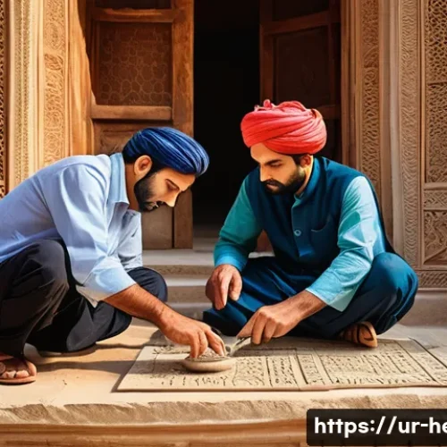 Home 32 문화재수리에서 중요한 품질 관리 요소 - A detailed scene of skilled craftsmen in traditional Pakistani attire carefully restoring an ancient...