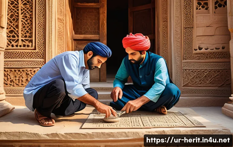 문화재수리에서 중요한 품질 관리 요소 - A detailed scene of skilled craftsmen in traditional Pakistani attire carefully restoring an ancient...