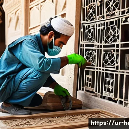 Home 31 문화재수리 이론 정리 노트 작성법 - A detailed scene of expert restoration workers carefully repairing a 19th-century mosque in Pakistan...