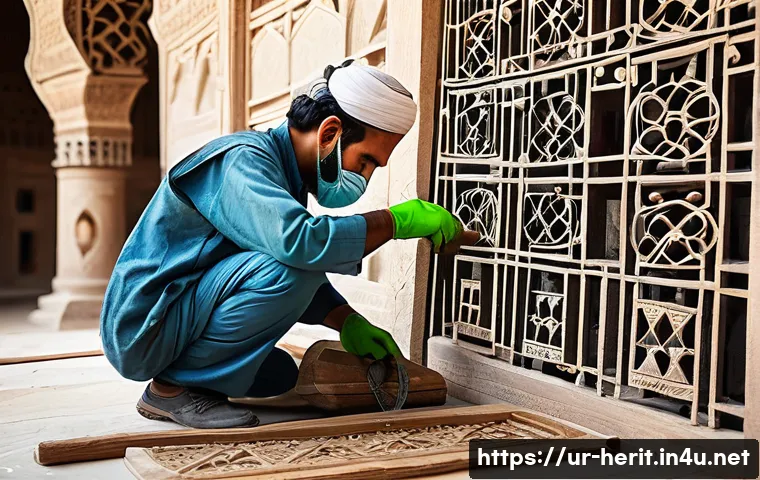 문화재수리 이론 정리 노트 작성법 - A detailed scene of expert restoration workers carefully repairing a 19th-century mosque in Pakistan...